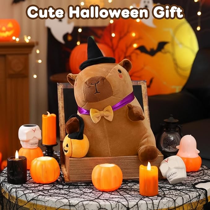 Halloween Capybara Plush, Halloween Capybara Stuffed Animal with Witch Hat and Pumpkin Toy Gifts for Girls Boys Decor 10 Inch