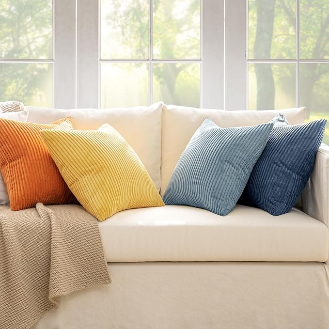 MIULEE Soft Corduroy Decorative Throw Pillow Covers Blue-Orange 18x18 | Set of 4, Mordern Nordic Coastal Decor, Summer Sky Wheat Set, Boho Farmhouse Cushion Covers for Couch Bed Sofa Living Room