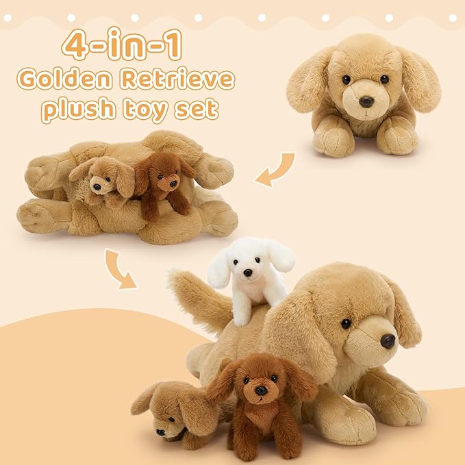 MaoGoLan 4pcs Golden Retriever Stuffed Animal with Babies Inside - 18" Mommy Dog Stuffed Animal with 3 Puppy Plushies, Soft Cute Stuffed Dog Plush Toys for Kids Girls Boys Gift