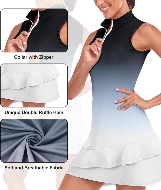 Viracy Tennis Dress for Women Sleeveless Golf Dresses with Shorts and Pockets Ruffle Zip Up Stand Collar Golf Outfits