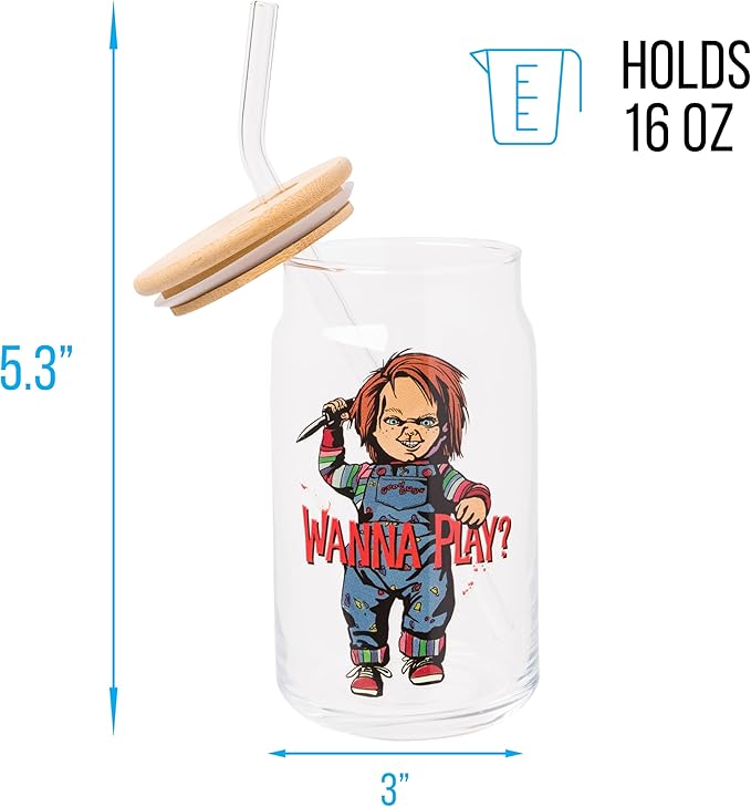 Silver Buffalo Chucky "Wanna Play" Scary Glass Jar Tumbler with Bamboo Lid and Glass Straw, 16 Ounces