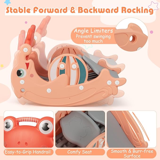 HONEY JOY Toddler Slide Rocking Toy, 4 in 1 Convertible Freestanding Slide for Kids w/Basketball Hoop, Rocking Horse, Foldable Baby Climber Playground Slide for Indoors Outdoors Boys Girls, Pink