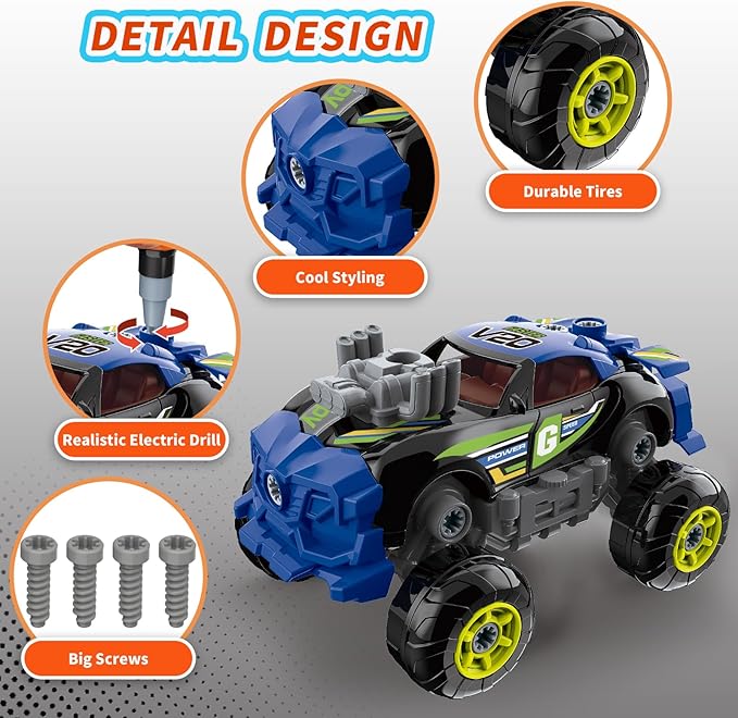 Pup Go 3-in-1 Building Car for Boys Ages 3+, Take Apart Car with Electric Drill, 43 Pcs Construction Toy Truck, Build Your Own Cars with Play Tools, Ideal Educational Present for Kids Children (Black)