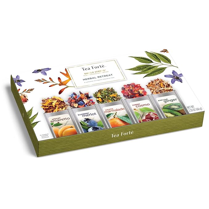 Tea Forte Single Steeps Loose Leaf Tea Sampler, Assorted Variety Tea Box, 15 Single Serve Pouches, Herbal Retreat Tea