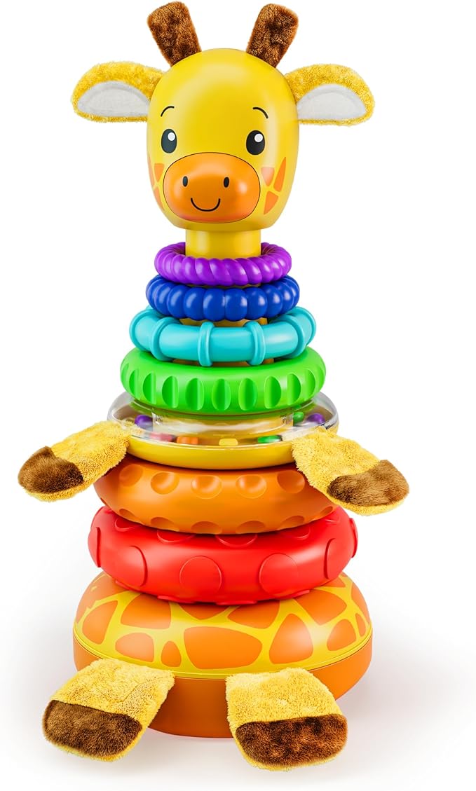Move2Play, Stacking Toy, Includes 7 Unique Rings, Montessori Development, Baby Toy, Gift for 1 Year Old Boys & Girls, Ages 0-6+, 9, 10, 12, 18+ Months (Giraffe Stacker)
