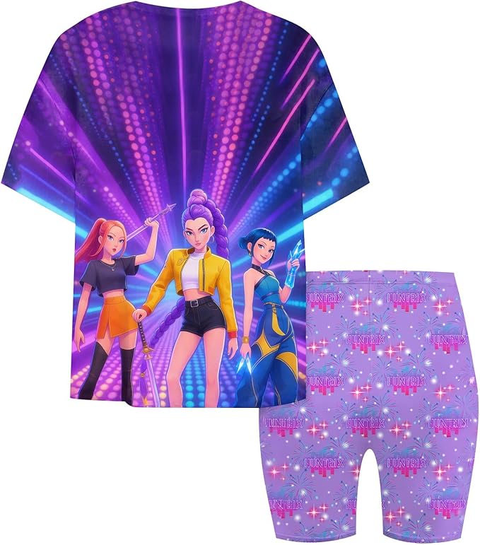 K-POP DEM0N Hunters Outfits for Girls, 2 Piece T-Shirts and Apparel Sets Birthday Gift