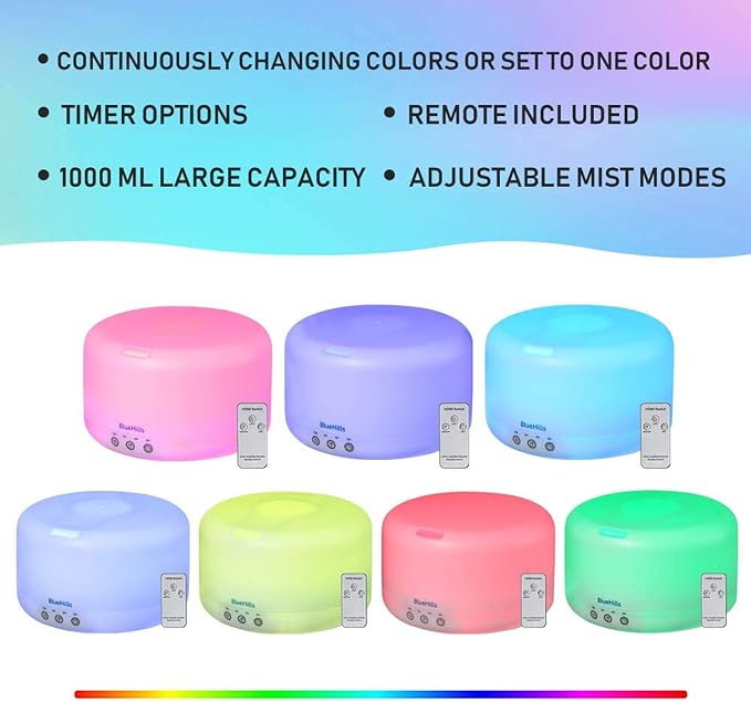 BlueHills Premium 1000 ML XL Essential Oil Diffuser Aromatherapy Humidifier with Remote for Large Room Home 18 Hour Run Huge Coverage Area 1 Liter Mood Lights Extra Large Capacity White D001