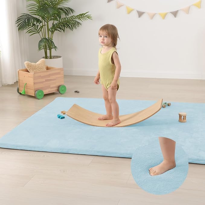 Huloo Sleep Baby Play Mat for Floor,1.3" Thick Elasti-Foam 50"×74" Playpen Mat for Tummy Time,Water Repellent Soft Coral Velvet for Toddler,Infant,Kids,Non-Slip Backing Safe for Crawling(Light Blue)