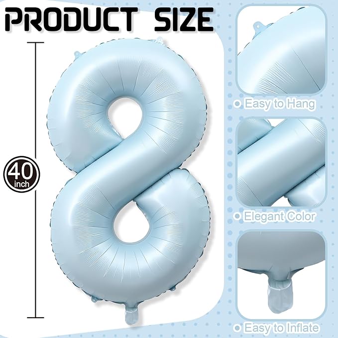 Foil 8 Balloon, Light Matte Blue Big Number 8 Balloons for Boys Birthday Party Decor, 40'' Mylar Helium Self Inflating Number 8 Pastel Baby Blue Balloon for 8th Birthday Party Anniversary Decorations