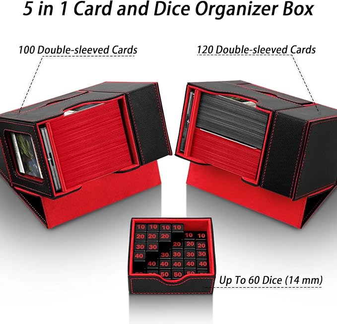MTG Deck Box for Commander Display with Dice Tower, Fits 100 Double Sleeved Cards for TCG/PTCG, Cards Storage Case with Dice Tray and 35PT Magnetic Card Holder (Black/Red)