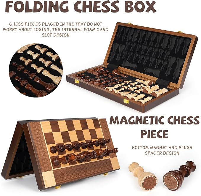15-Inch Magnetic Wooden Chess Set – Foldable Wooden Chess Board with Magnetic Pieces, Portable Travel Chess Sets for Adults, Classic Board Game with Secure Storage Box