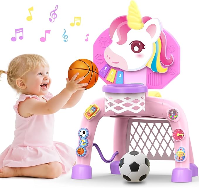Toddler Basketball Hoop & Soccer Goal,Toys for 1 2 3 Year Old Girls, Baby Girl Sports Toy with LED Light Sound Music, Baby & Toddlers Unicorn Toys for 1-2-3 Year Old Girl Christmas Birthday Gifts
