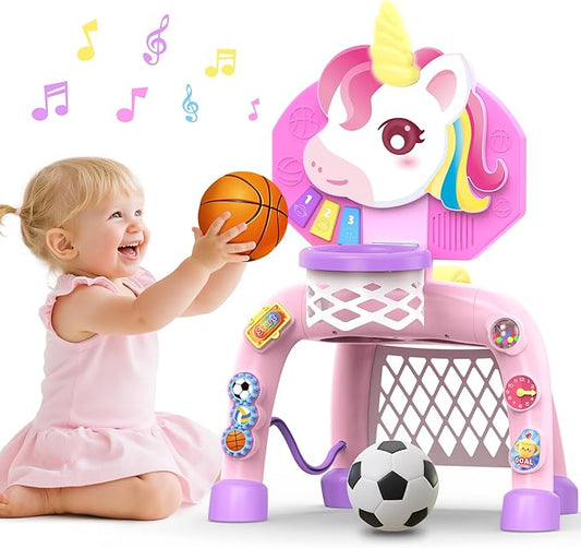Toddler Basketball Hoop & Soccer Goal,Toys for 1 2 3 Year Old Girls, Baby Girl Sports Toy with LED Light Sound Music, Baby & Toddlers Unicorn Toys for 1-2-3 Year Old Girl Christmas Birthday Gifts