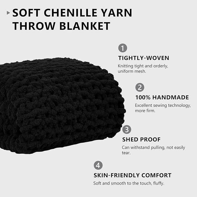 L'AGRATY Chunky Knit Throw Blanket for Couch, 80'' x 90'' Knit Throw, Black | Handmade Chenille Crochet Blanket for Sofa Bed, Thick Cable Knitted Blankets for Room Home Decor, Birthday Gift for Women Mom