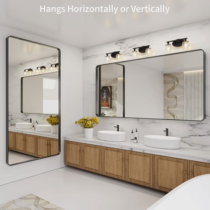 LOAAO 72X36 Inch Black Bathroom Mirror Metal Framed | Matte Black, Rounded Rectangle, Anti-Rust, Tempered Glass, Hangs Horizontally or Vertically