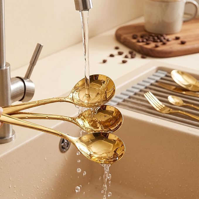 3PCS Gold Soup Spoons, 8.07 Inch Large Stainless Steel Spoons, 304 Stainless Steel Mirror Polished Dessert Spoons, Heavy Duty Metal Table Spoons for Soup, Cereal, Ice Cream, Dining & Kitchen Use