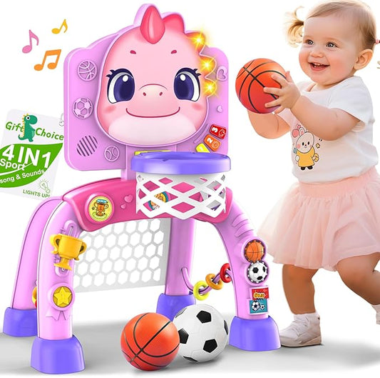 Nicmore Basketball Hoop Toys for Toddlers: Dinosaur Activity Center with Lights Music - Indoor Sports Skills Development - 6, 12, 18, 24+ Month Christmas Birthday Gift for Baby, Boys & Girls