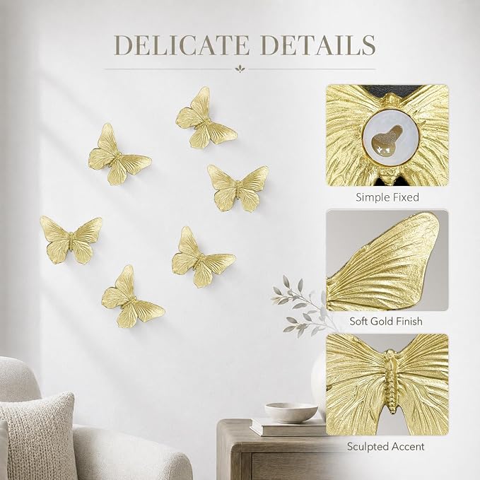 GUSFREUD 3D Butterfly Wall Decor Set – Resin Wall Decor for Living Room, Bedroom, Bathroom, Dining Room, Outdoor and Gallery Walls - Antique Gold - Set of 6