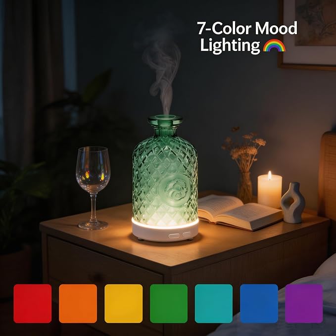 Glass Essential Oil Diffuser,100ml Aromatherapy Diffuser(Green) | Ultrasonic Cool Mist Humidifier with 7-Color LED Lights, BPA Free, Auto Shut-Off, for Home Yoga Bedroom Office Spa