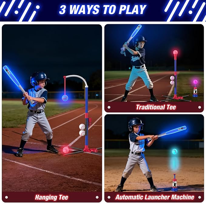 HYES 3-in-1 LED Baseball Set for Kids 3-5 - Tee Ball Stand, Hanging Tee, Ball Launcher and 4 Softballs - Adjustable Height, Indoor/Outdoor Sport Gifts for Boys Girls, Blue