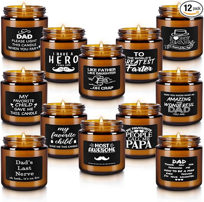 12-Pack Amber Jar Father's Day,Scented Candles, Gift for Dad 3.5oz, Natural Soy Wax and Premium Essential Oils. Ideal for Study Home & Office Aromatherapy.
