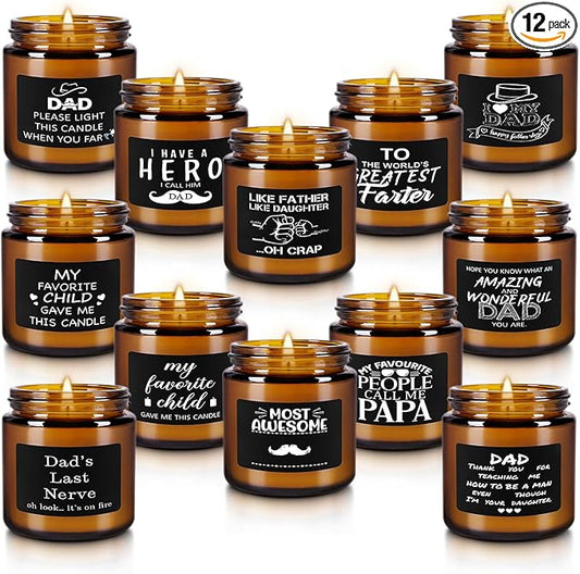 12-Pack Amber Jar Father's Day,Scented Candles, Gift for Dad 3.5oz, Natural Soy Wax and Premium Essential Oils. Ideal for Study Home & Office Aromatherapy.