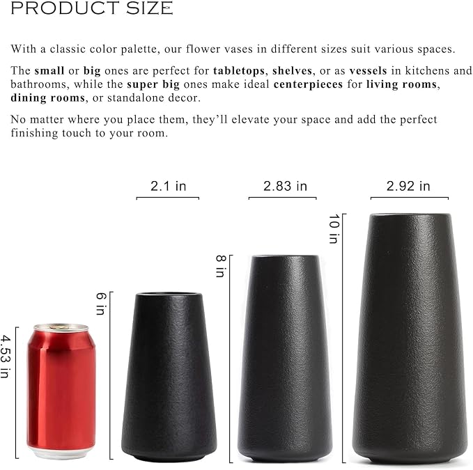 Simple Boho Ceramic Flower Vase for Home Decor (Matte Black,Super Big) | 10'' Modern Vase for Flower Plant Pampas Grass, Fit for Table Shelf Centerpieces, Living Room Kitchen Bedroom Wedding Gift