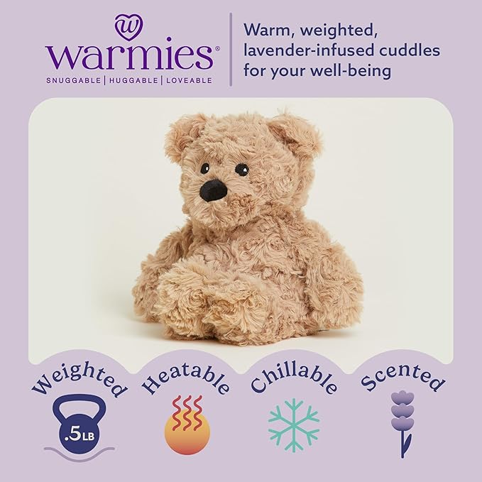warmies Junior Microwavable & Weighted Stuffed Animals, Brown Curly Bear - Heated Stuffed Animal Plushie for Warmth & Comfort - Soft Plush Toys for Adults & Children (Boys, Girls, Babies & Toddlers)