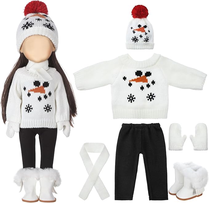6 Pcs Christmas 18 Inch Doll Clothes and Accessories Winter Outfits Set Sweaters Trousers Hats Shoes for 18 Inch Doll Gift(White,Snowman)