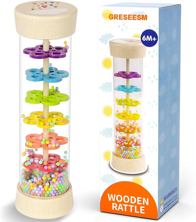Rain Stick, Montessori Baby Toys for 6-12 Months 1 Year Old, Baby Rattle Wooden Sensory Toys, 7.7” Rainmaker Infant Musical Toy - Gifts for 6 7 8 9 12 Month Old Newborn Boys Girls Toddlers