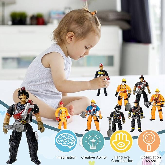 8 Pieces Firefighter Action Figures Fireman Figurines Toys with Tools for Party Decoration People Figures Playset for Kids & Toddlers