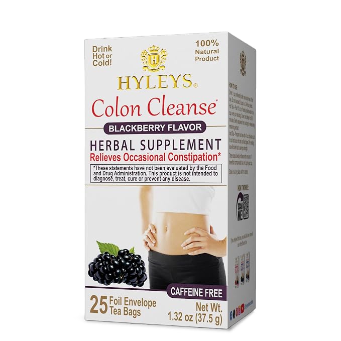 HYLEYS Colon Cleanse Tea, Blackberry Flavor - 150 Individually Wrapped Herbal Tea Bags (6 Pack of 25) - Caffeine Free, Vegan