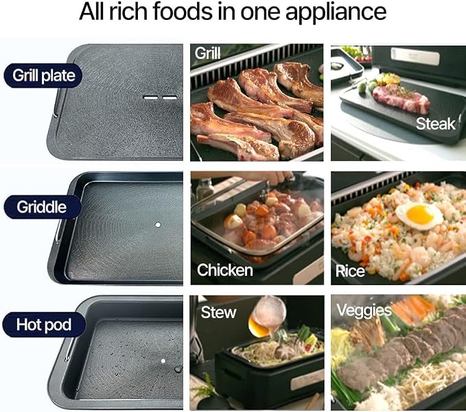 SMART BERRY 3 in 1 Smokeless Electric Indoor Grill, Nonstick Grill/Griddle Plates, hot pot, Glass Lid, Portable Korean BBQ Grill with 7-Level Control, HOT POT set Black