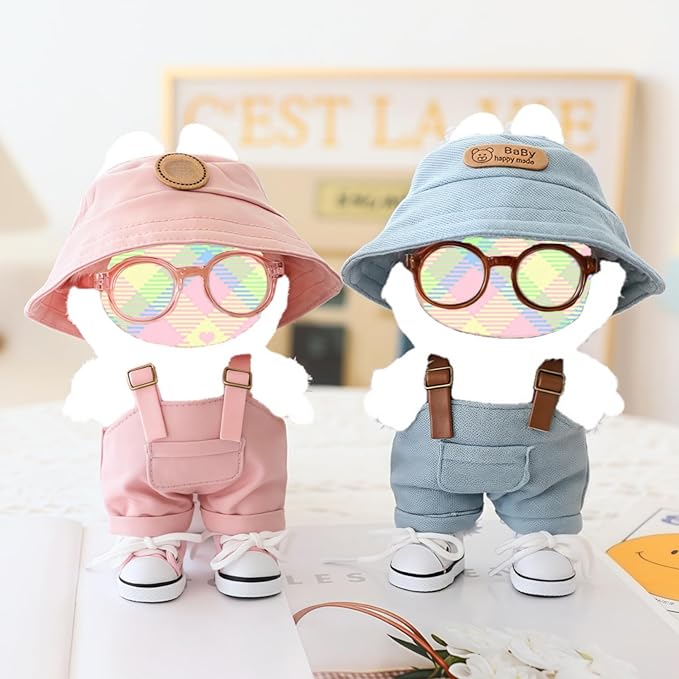 Clothes for Dolls Accessories, Stylish Kawaii Overalls Outfit Set 4 Pieces Bib Pants for 15cm 17cm Doll, Cute Doll Hat Shoes Clothing Set Replacement Pink (No Dolls)