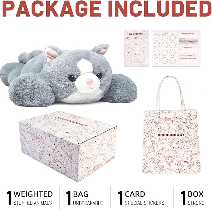 Niuniu Daddy Weighted Stuffed Animals for Anxiety, 3.3lbs Weighted Cat Plushies Toy for Adults Kids, 20‘ Large Grey Stuffed Cat Plush Pillow as Gift for Valentine Birthday Include Bag, Stickers, Card
