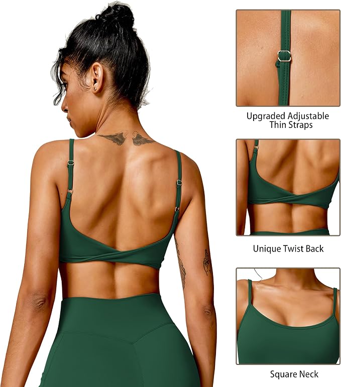 QUOJIZY Sports Bras for Women Open Back Workout Tops for Women Yoga Bra Spaghetti Straps Twist Back