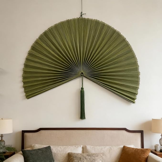 ChumDecor Bamboo Fan Wall Decor, Japanese Wall Fan Art, Army Green 60 in | Large Bamboo Fan Wall Art For Boho Hanging Headboard And Above Bed Decor Giant Japanese Style Folding Fan Easy To Hang
