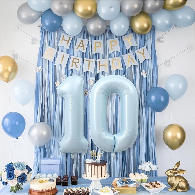 Light Sky Blue Number 0 Balloon, 40'' Pastel Matte Powder Blue Foil Balloons, Globos De Numeros Grandes, Large Mylar Helium Number 0 Balloon for Birthday Party Decor Baby Shower Anniversary Decoration