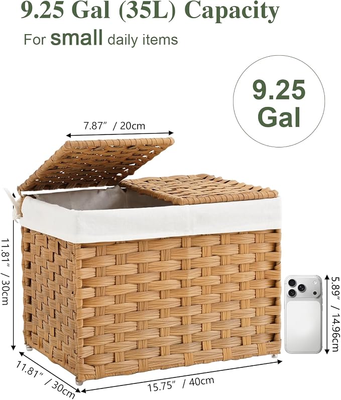SETVSON Storage Basket with Lid Woven Wicker Baskets, 35L Natural | 9.2 Gallon Storage Bin with 2 Separate Lids, 2 Removable Liner Bags with Divider for Small Clothes, Sturdy Metal Frame