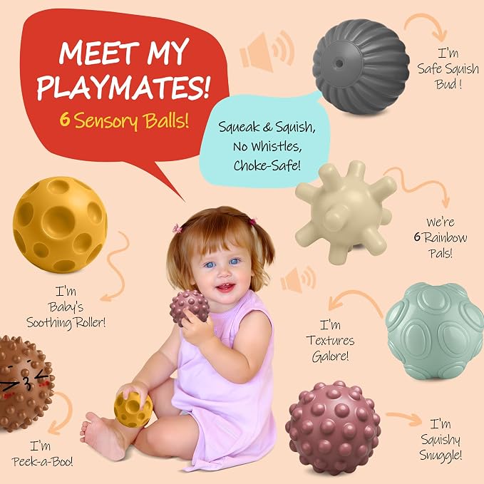 Sensory Balls for Babies 6-12 Months, 6PCS Textured Ball Set | BPA-Free, Soft Infant Toy for Baby Development, Tummy Time, Fine Motor Skills, Early Learning Gift for Baby