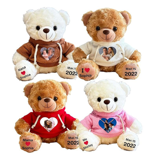 Custom Bear Plush with Picture Text Logo, 11 Inch Personalized Teddy Bear Stuffed Animal, Christmas Birthday Gift for Girls Boys Kids Adults Valentines Graduation Keepsake (Hoodie