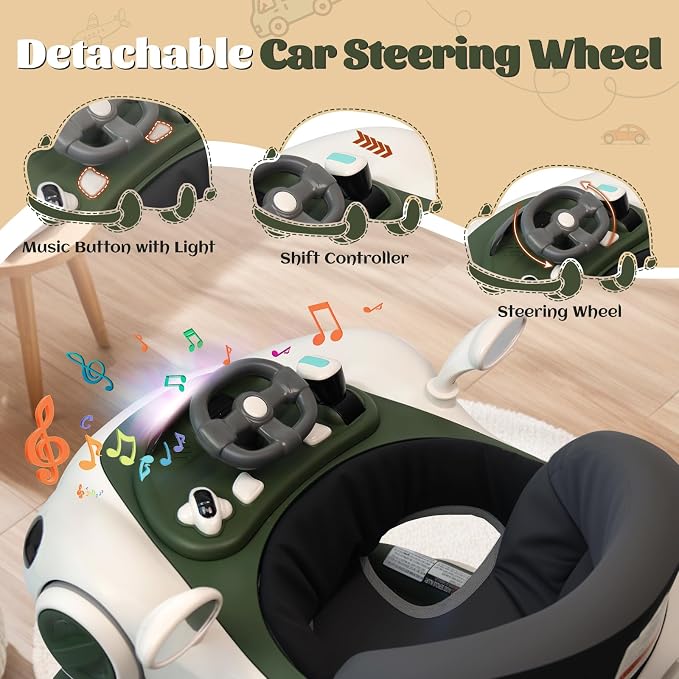 Baby Walker, 4-in-1 Baby Walker with Wheels Portable, Foldable Infant Toddler Walker for Boys Girls 6-18 Month,Removable Footrest,Car Steering Wheel & Music, Adjustable Push Walker Pink Green