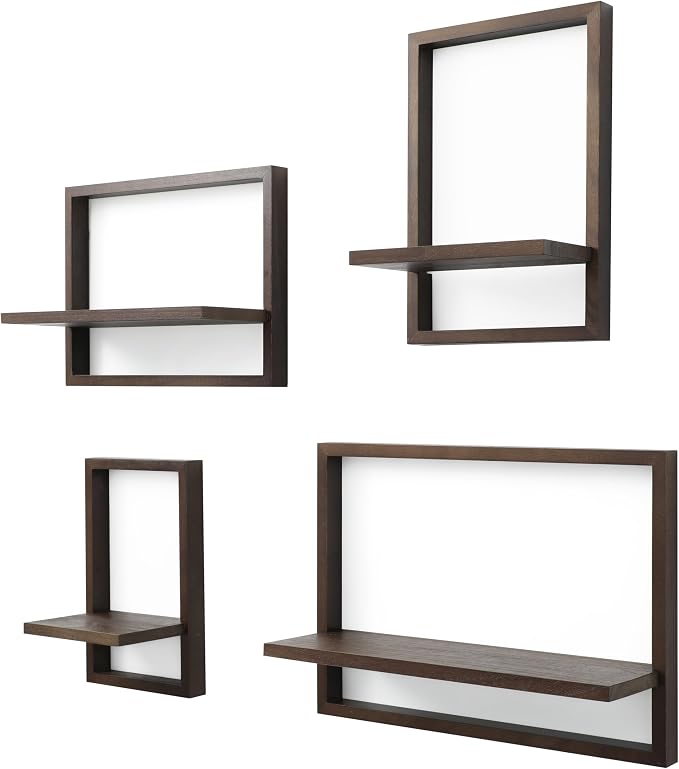 Floating Shelves for Wall,Decorative Wall Shelves,Plants Shelf Framed | Square Wall Decor,Art Sconces Artificial Vases Hanging Storage Shelf for Bathroom Living Room,Wood,Set of 4,Rustic Walnut