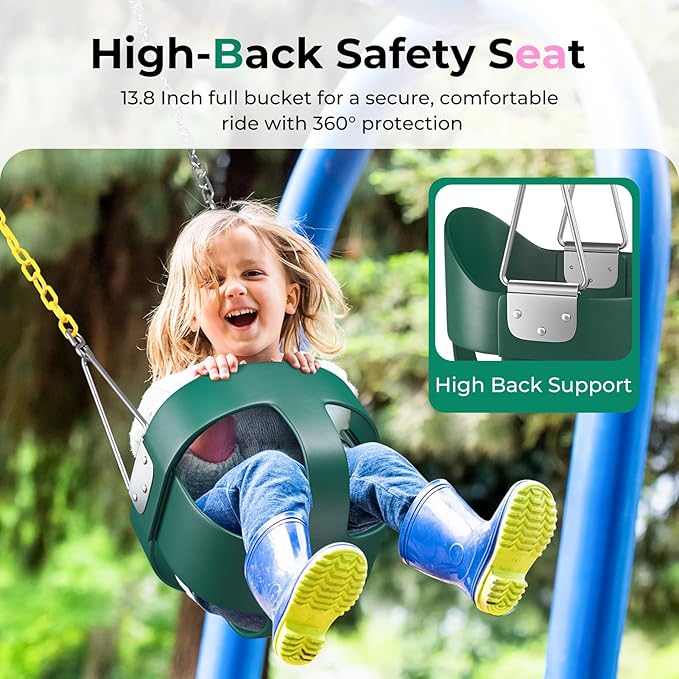DECORLIFE Toddler Swing, Baby Swing Outdoor –High Back Full Bucket Swing Set, 330lb Capacity, Safety Design, Plastic-Coated Chains and Quick-Snap Carabiners for Backyard, Playground