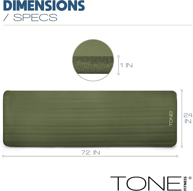 Tone Fitness 1-Inch Thick Yoga Mat | High-Density, Non-slip Exercise Mat with Carrying Strap for Yoga, Pilates, & Home Gym Workouts | Multiple Options