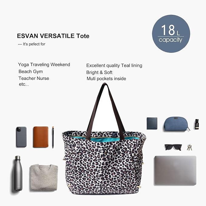 ESVAN Yoga Tote Bag for Women Drawstring Canvas Shoulder Bags for Workout Travel Carryall Pilates Gym and Beach