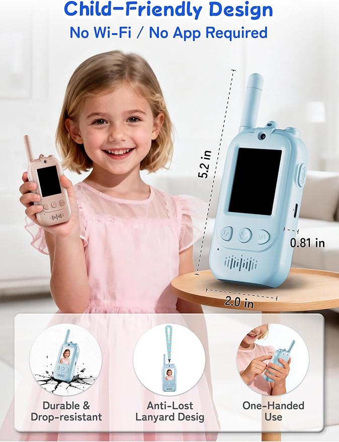 Upgraded Kids Video Walkie Talkies with Real-Time Two-Way Video, No WiFi or App Required, Long Range Outdoor Up to 1600FT, Rechargeable Video Intercom Toy for Boys & Girls Ages 3–12 (Blue & Pink)