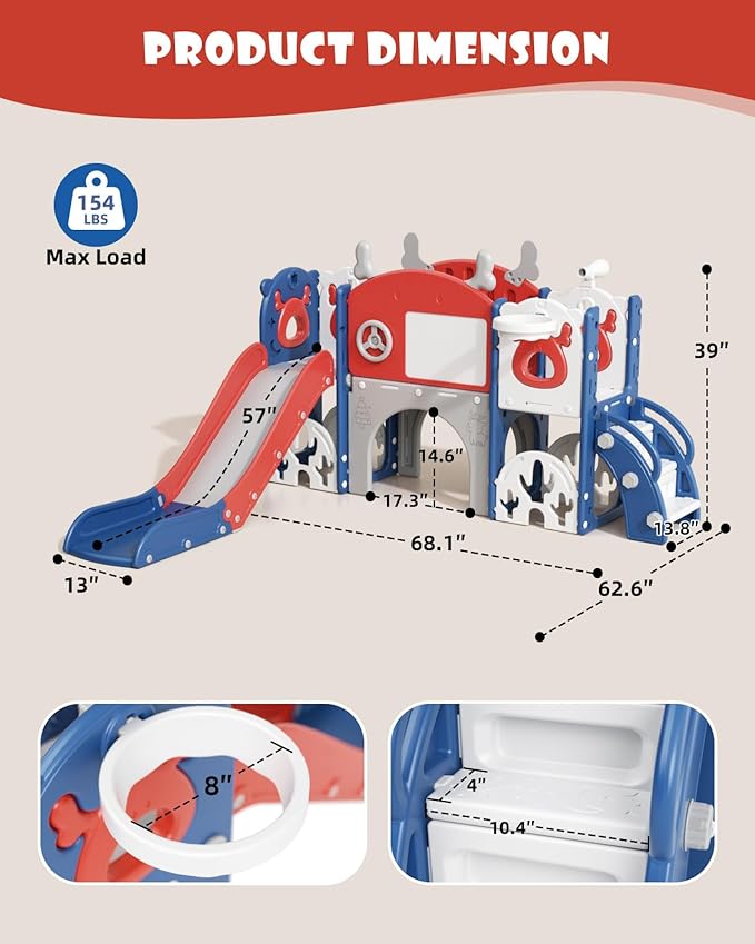 XJD Toddler Slide,13 in 1 Kids Slide for Toddlers, New Upgrade with Golf Set, Basketball Hoop, Drawing Board for Indoor Outdoor Playset,Toddler Playground (Red Blue)