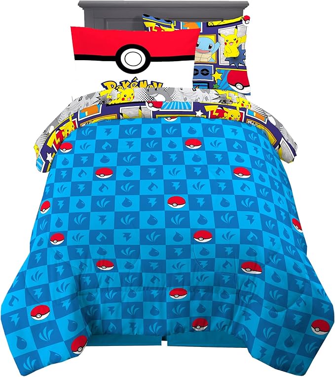 Pokémon Pikachu Twin Size Bedding, Kids Bedding Super Soft Cozy Reversible Comforter and Sheet Set with Sham, 5 Piece Twin Size, (Officially Licensed Product) by Franco
