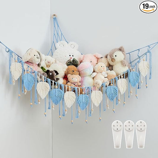 Pretty Jolly Macrame Stuffed Animal Hammock with Beads Hand Woven Leaf Tassels Corner Hanging Net Boho Plush Holder for Toys Kid Room Nursery Decor Easy Install Organizer for Girls Gift(Light Blue)
